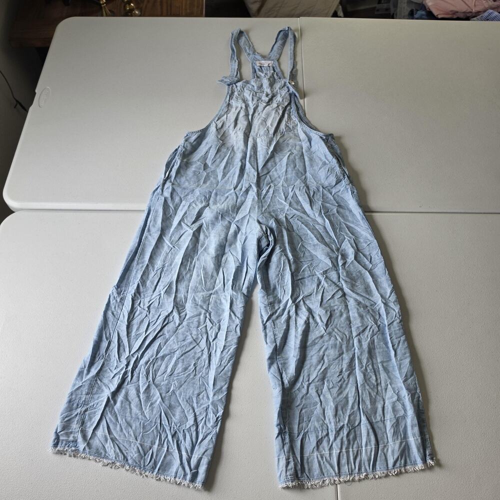 Bella Dahl Overalls Womens M Blue Chambray Wide Leg Fringe Hem Pockets Casual